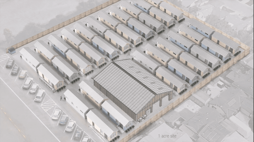 A rendering of an industrial area with many buildings.