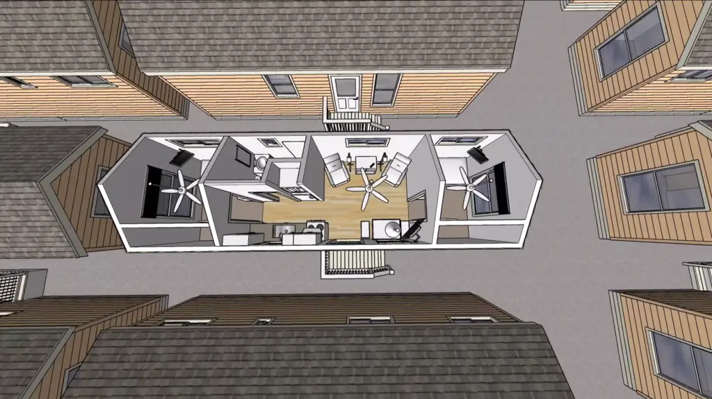 A 3 d image of the interior of an apartment.