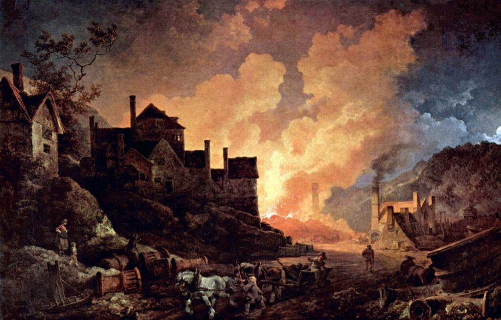 A painting of a town with smoke coming out of it.