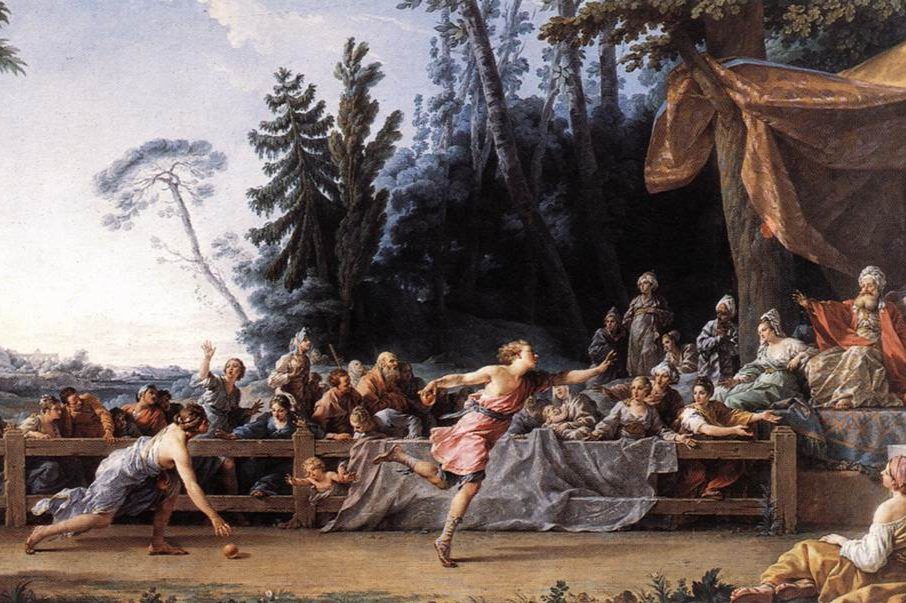 A painting of a woman kicking a crowd of people.