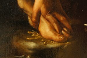 A painting of a person's foot in a bowl of water.