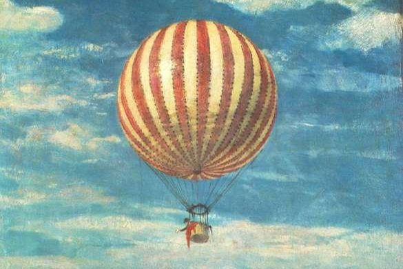 A painting of a hot air balloon in the sky.
