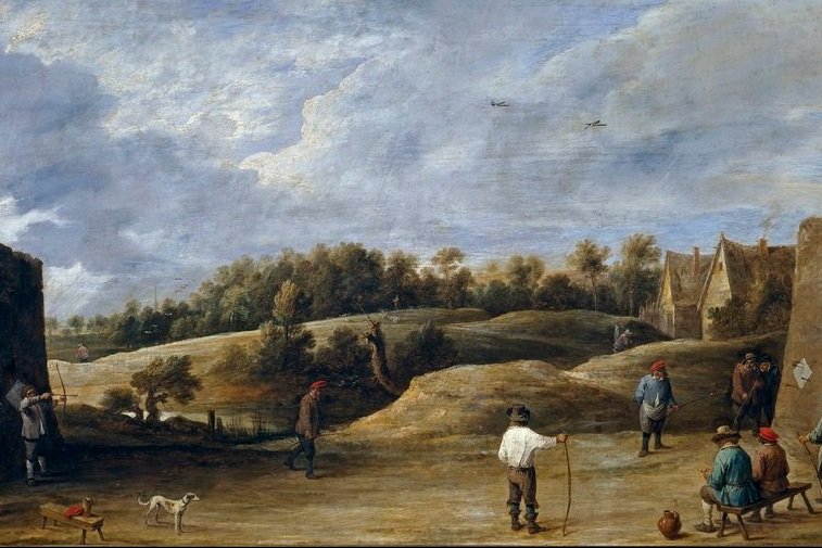 A painting shows people playing a game of croquet in a field.