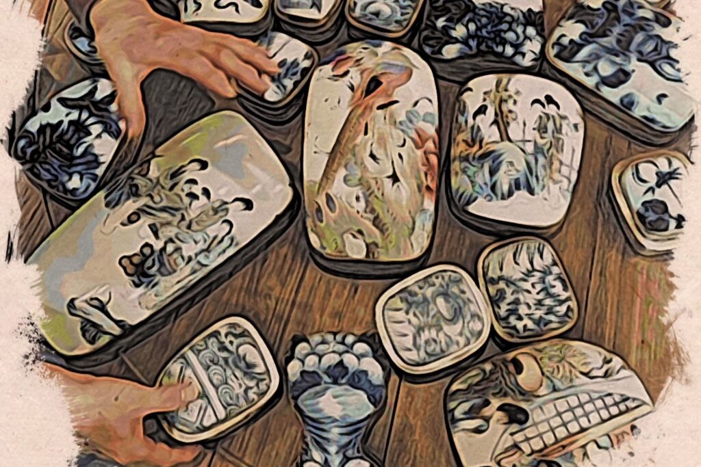 A drawing of a table full of chinese vases.