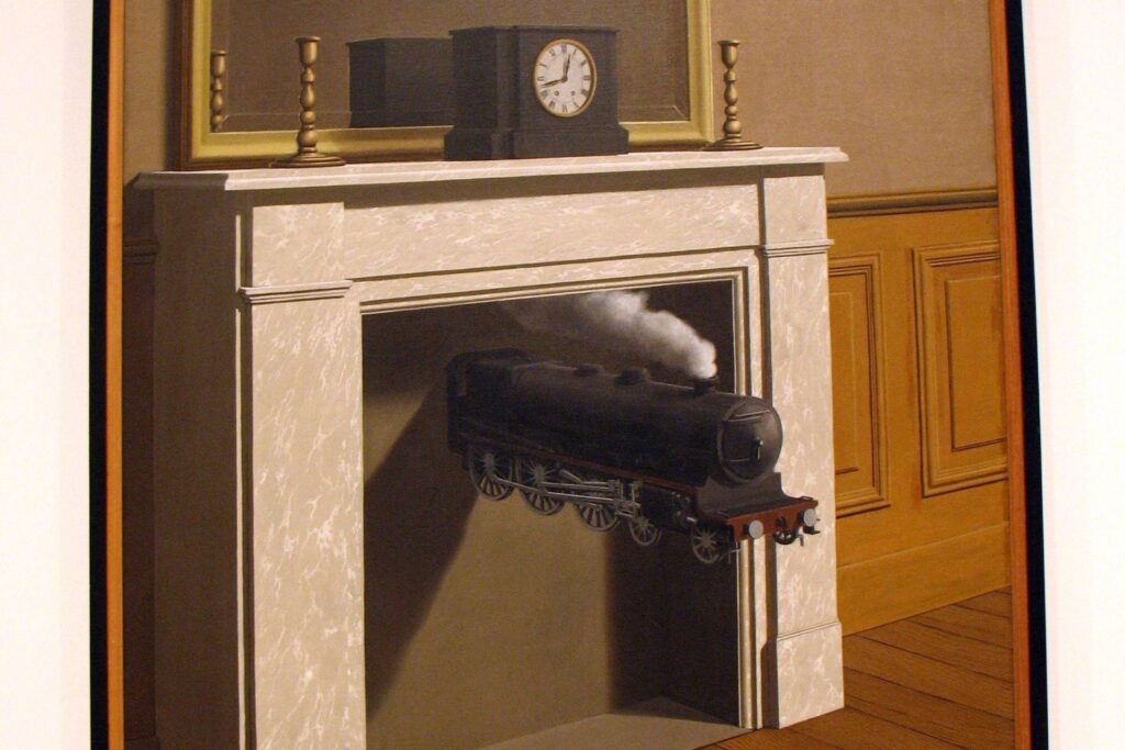A painting of a train in front of a fireplace.