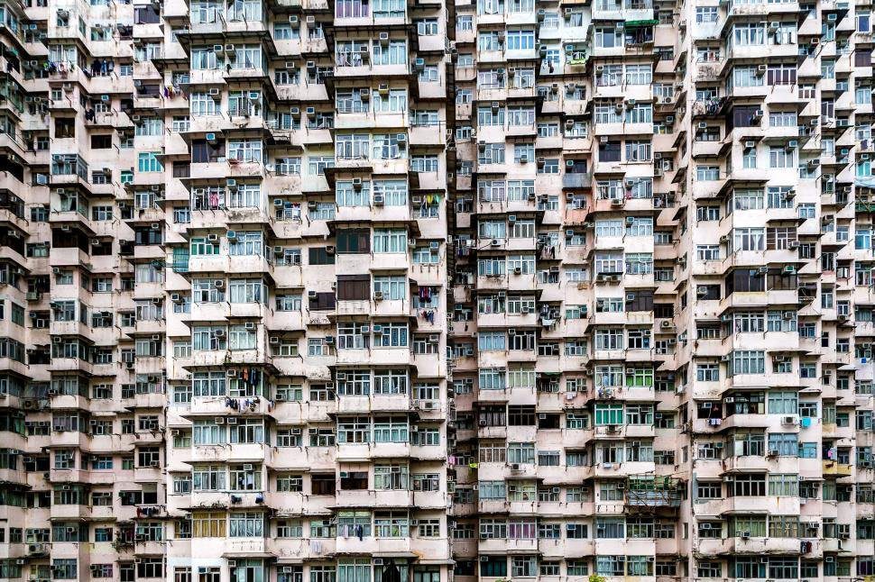 Close-up of a dense apartment building.