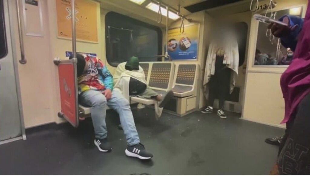 Two men sitting on a subway train.