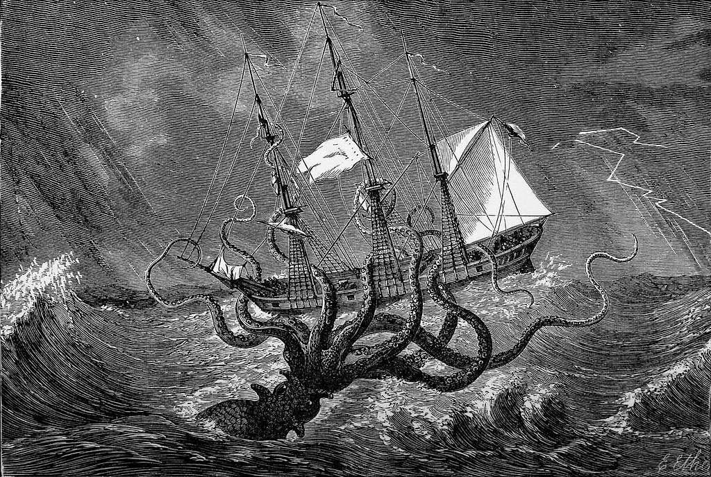 A ship attacked by a giant squid.