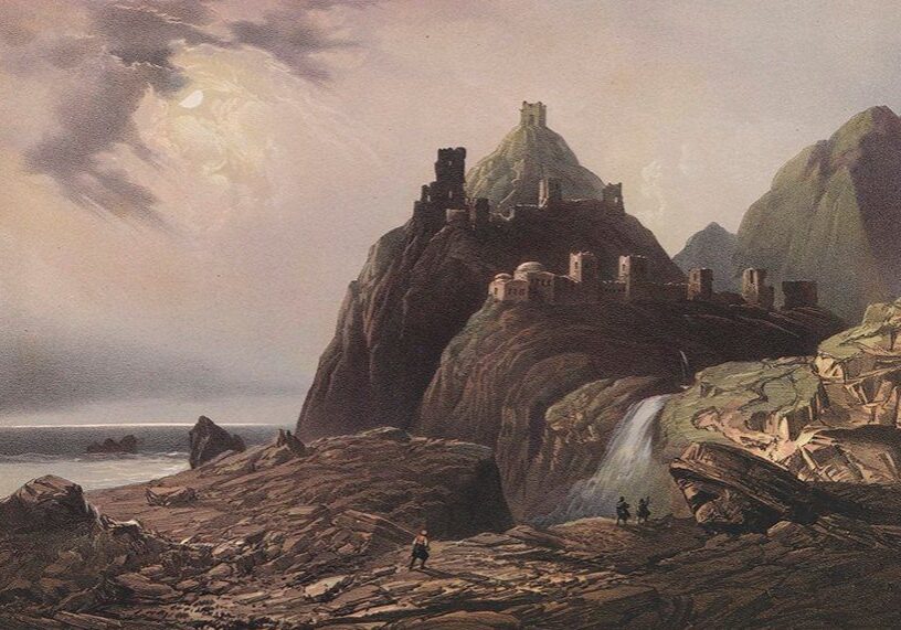 A painting of a castle on the side of a mountain.