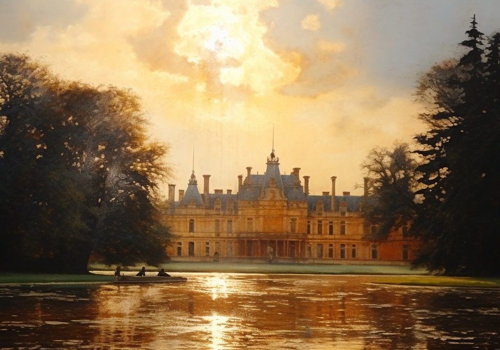 A painting of a castle with a lake in the background.