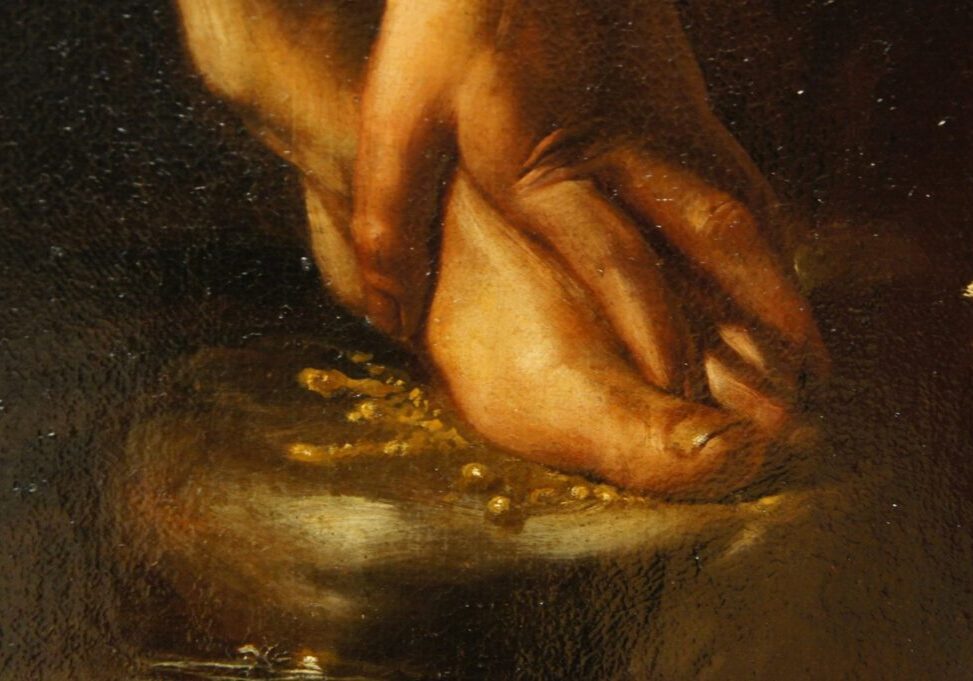 A painting of a person's foot in a bowl of water.