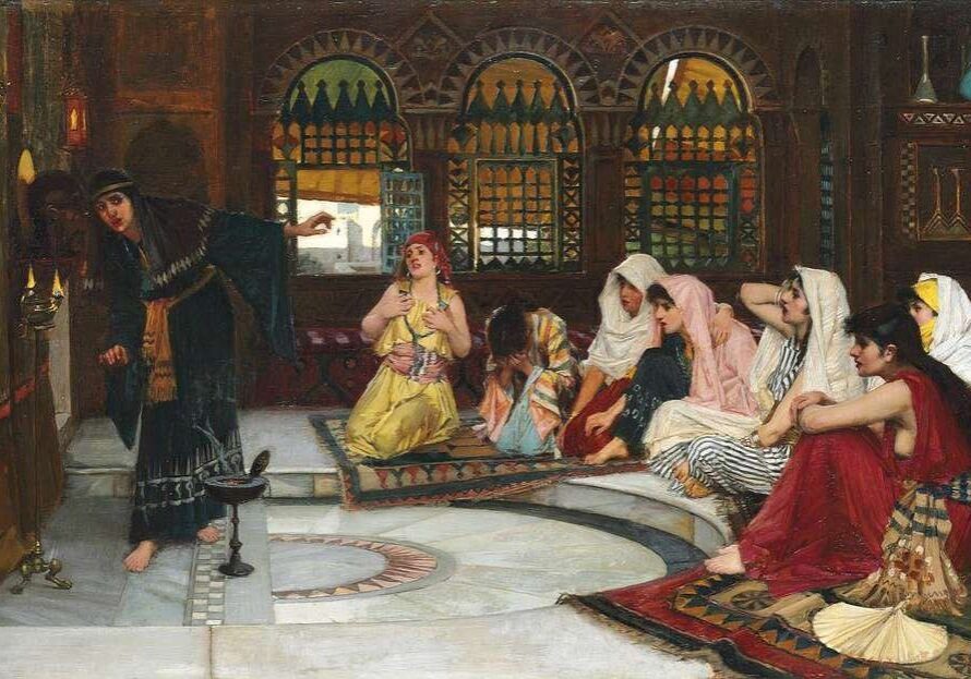 A painting shows a group of women sitting around a room.