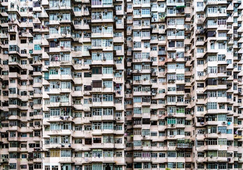 Close-up of a dense apartment building.