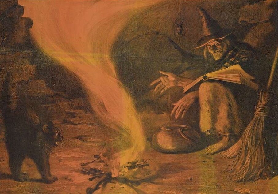 A painting of a witch with a broom in front of a fire.