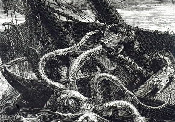 A man on a boat fighting a giant octopus.