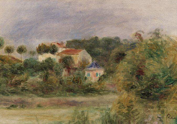 A painting of a house and trees.