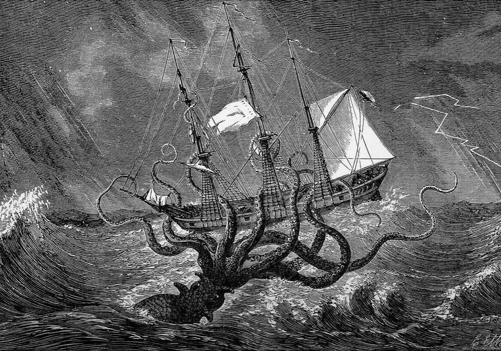 A ship attacked by a giant squid.