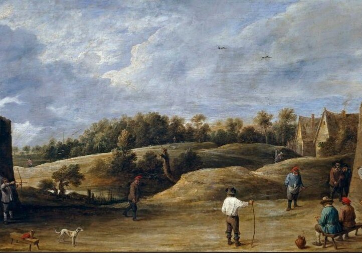 A painting shows people playing a game of croquet in a field.