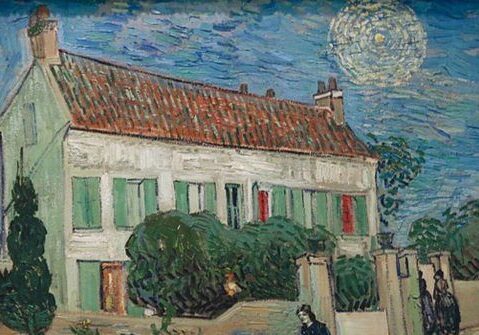 A painting of a house with a moon in the background.